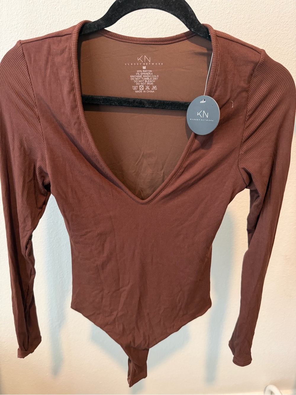 Klassy Network Brown Ribbed V-Neck Long Sleeve Bodysuit
